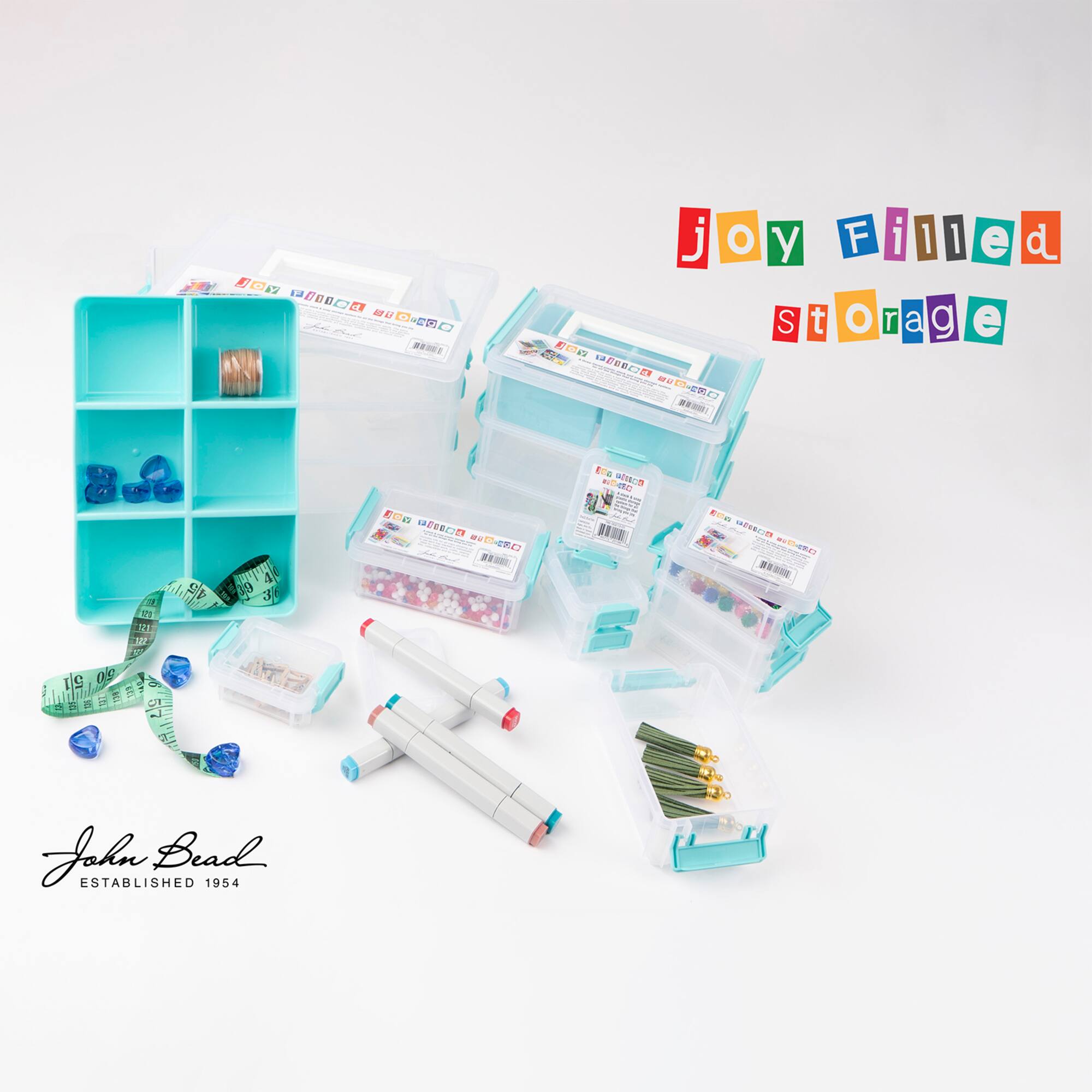 John Bead 8" Joy Filled Clear & Turquoise Stackable Storage With Handle